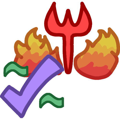 a red pitchfork sits between 2 orange wing shaped flames. To the bottom left of the image is a purple check mark with green tildes on either side.
